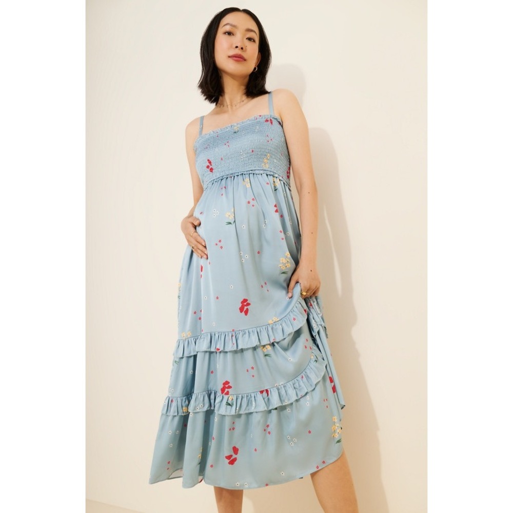 Hatch Maternity Dani Blue Floral Smocked Tiered Maxi Dress Size 3 Large